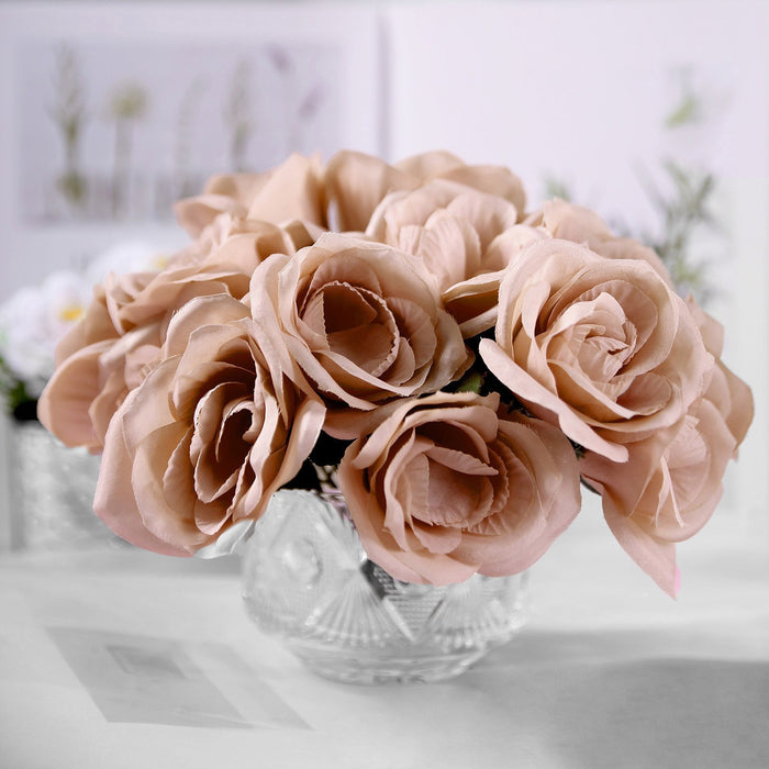 14 Dusty Rose Velvet-Like Faux Rose Flower Bush, Artificial Flower Bouquet