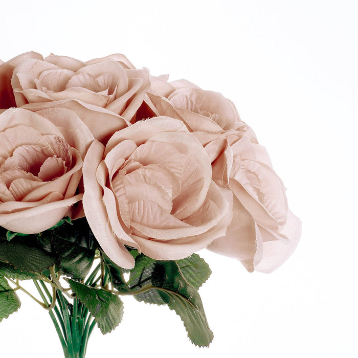 14 Dusty Rose Velvet-Like Faux Rose Flower Bush, Artificial Flower Bouquet