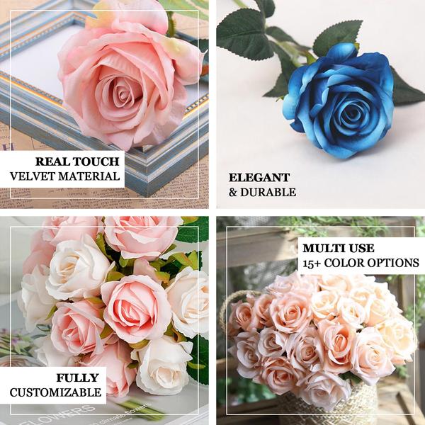14 Dusty Rose Velvet-Like Faux Rose Flower Bush, Artificial Flower Bouquet