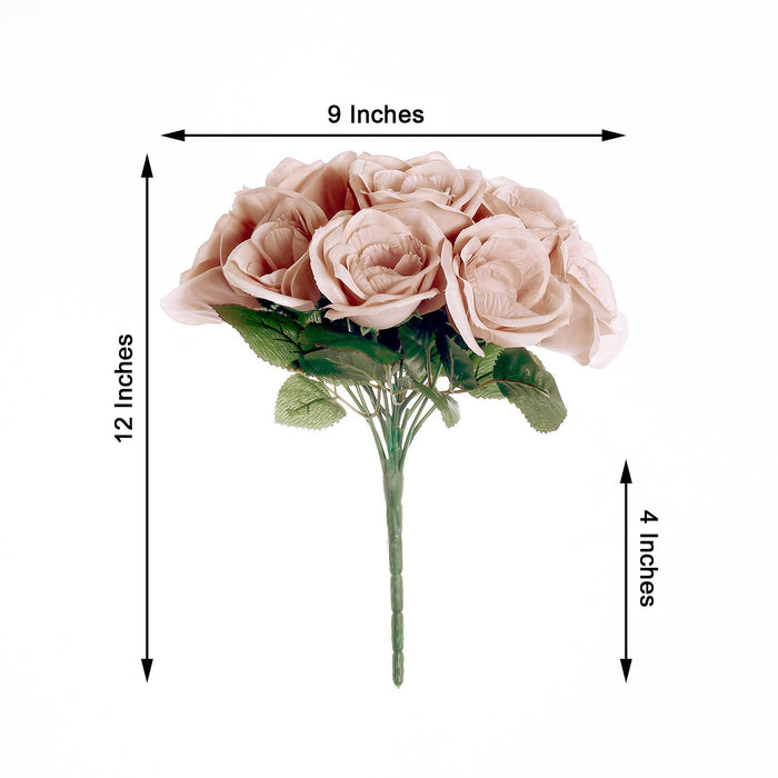 14 Dusty Rose Velvet-Like Faux Rose Flower Bush, Artificial Flower Bouquet