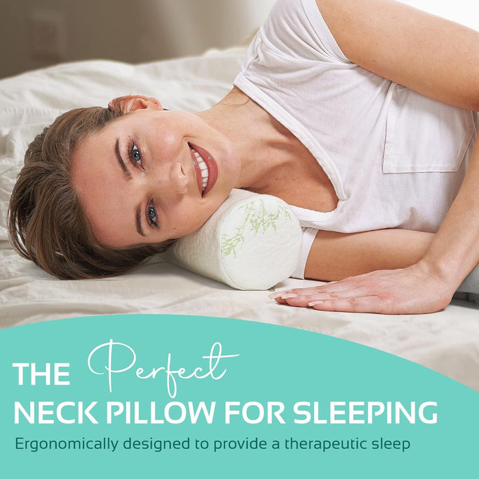 2 Pack Bamboo Cervical Neck Roll Memory Foam Pillow, Round Neck, Support for Sleeping | Bolster Pillow for Bed, Legs, Back And Yoga | 4 Inch Diameter x 17 Inches long