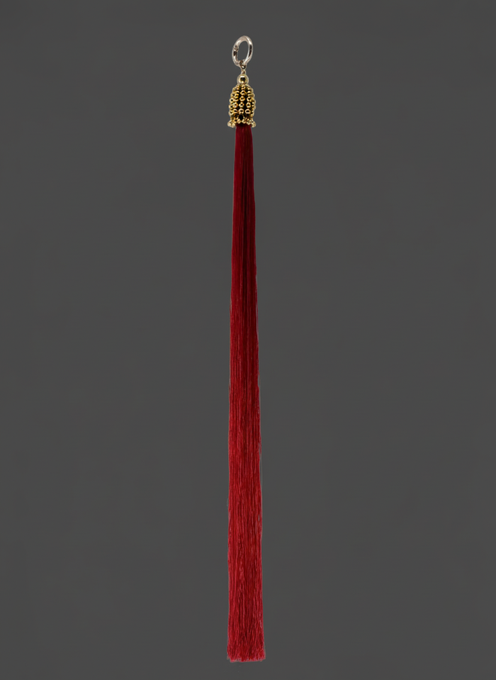22" gold headcape beaded tassel with burgundy threads ghost image potrait