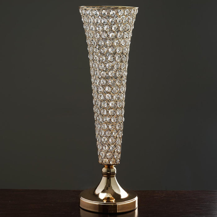 23" Tall Gold Beaded Crystals Trumpet Vase Wedding Centerpiece