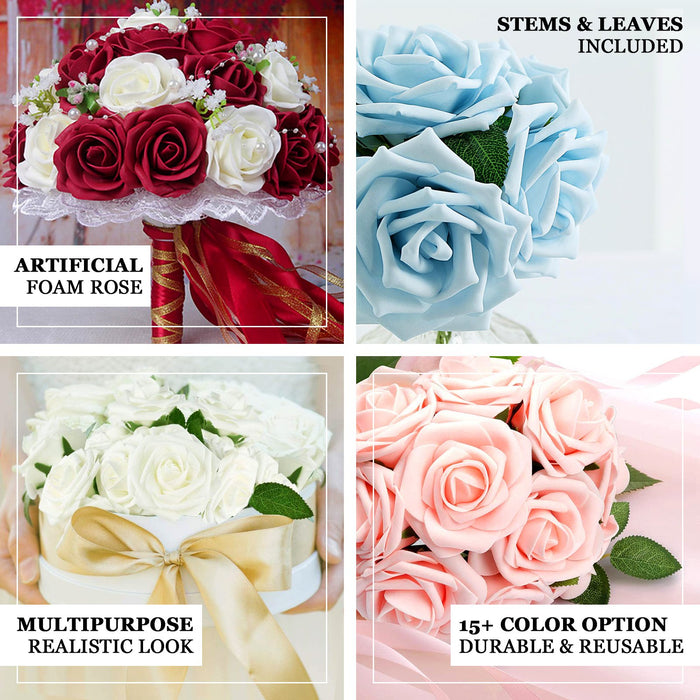 24 Roses | 2inch Dusty Blue Artificial Foam Rose With Stem And Leaves - 16 Colors