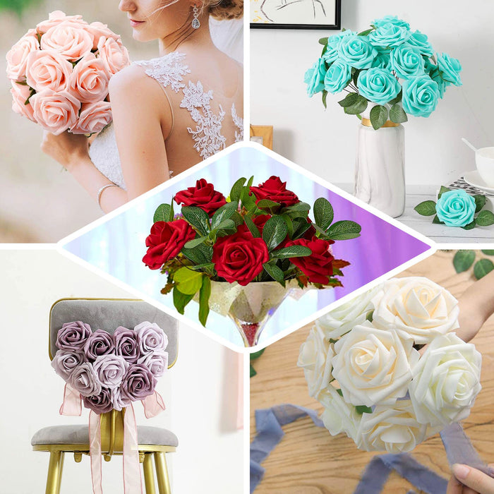 24 Roses | 2inch Dusty Blue Artificial Foam Rose With Stem And Leaves - 16 Colors