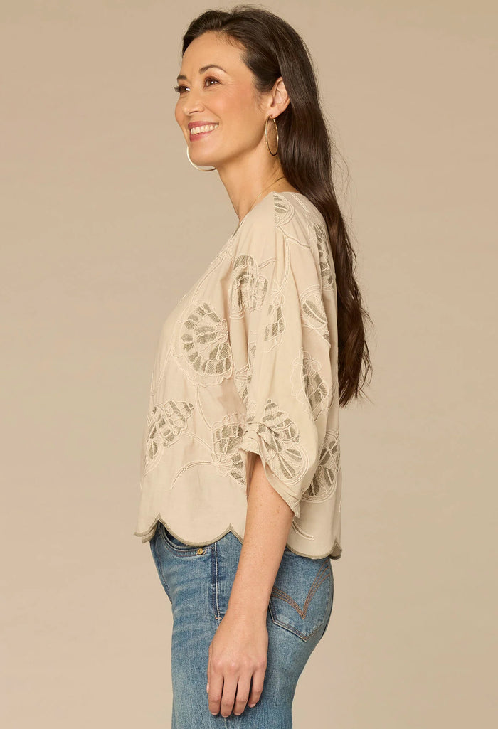 3/4 Sleeve Boat Neck Woven Top