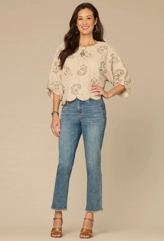 3/4 Sleeve Boat Neck Woven Top