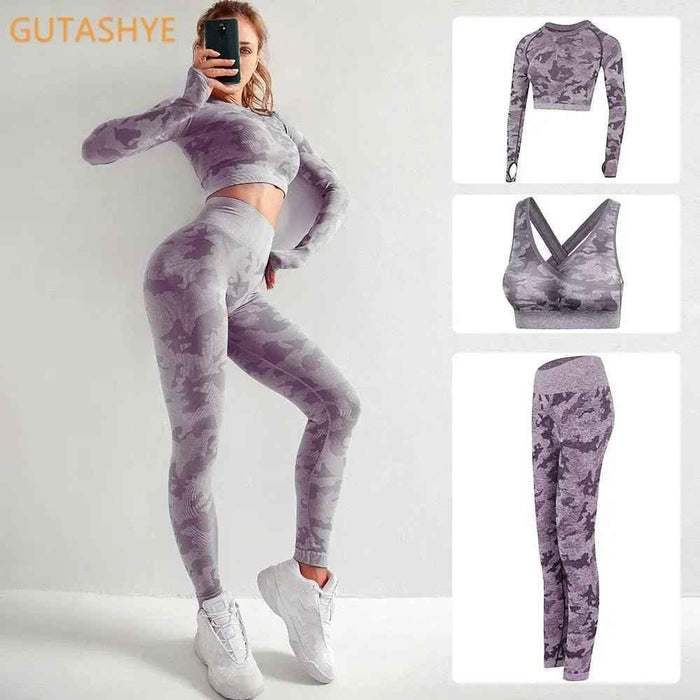 3PCS Camouflage Yoga Set for Women Seamless Fitness Yoga Bra Sports Bra High Waist GYM Camo leggings Pants Fitness Suits