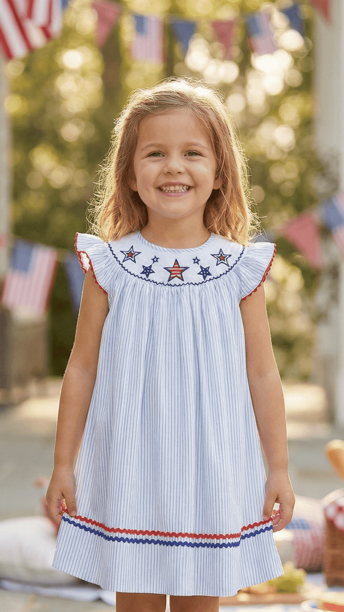 4th of July Blue Striped Stars Smocked Bishop Dress - Lil Cactus