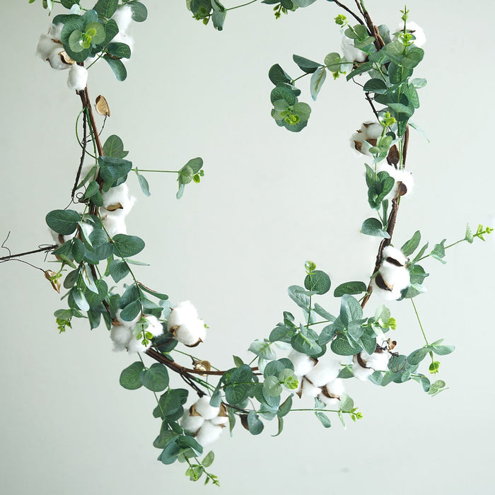 5 FT Green Artificial Eucalyptus Leaves Garland with White Natural Cotton Bolls