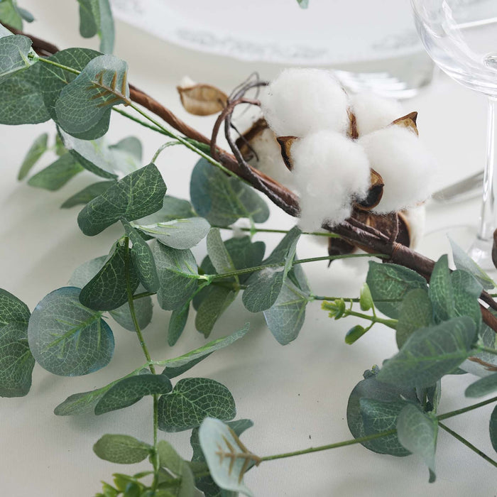 5 FT Green Artificial Eucalyptus Leaves Garland with White Natural Cotton Bolls