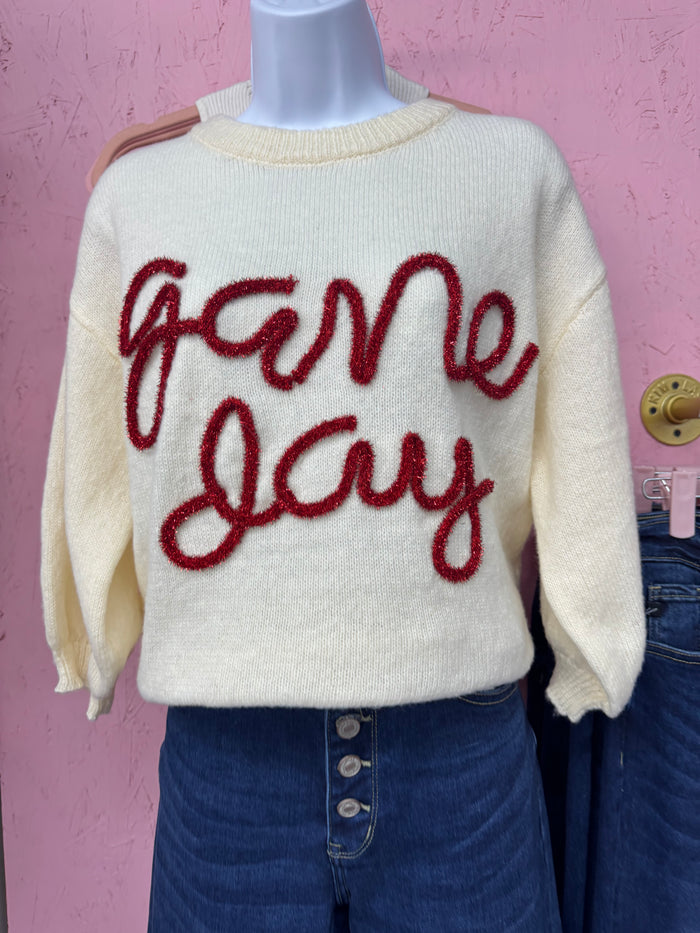 Cream Quarter Sleeve Sweater- Game Day w/ Red tinsel