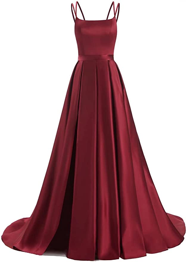 A-line Minimalist Prom Dress 2023 Spaghetti Straps V Back Satin with Pleats