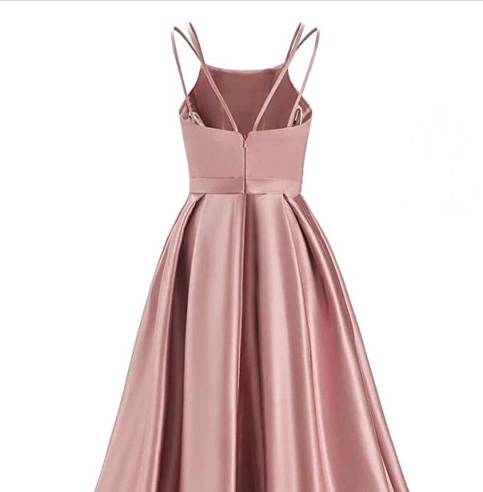 A-line Minimalist Prom Dress 2023 Spaghetti Straps V Back Satin with Pleats