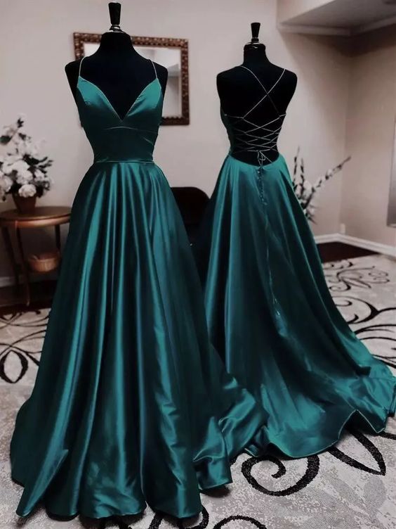 A-line Prom Dress 2023 Elegant V Neck Spaghetti Straps Crisscross Back Satin with Pleats