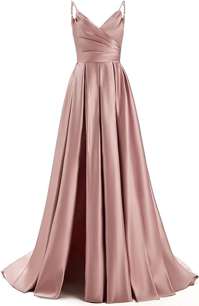 A-line Prom Dress 2023 Spaghetti Straps V Neck V Back Satin with Pleats Slit