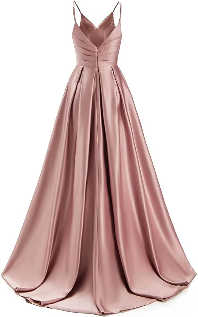 A-line Prom Dress 2023 Spaghetti Straps V Neck V Back Satin with Pleats Slit