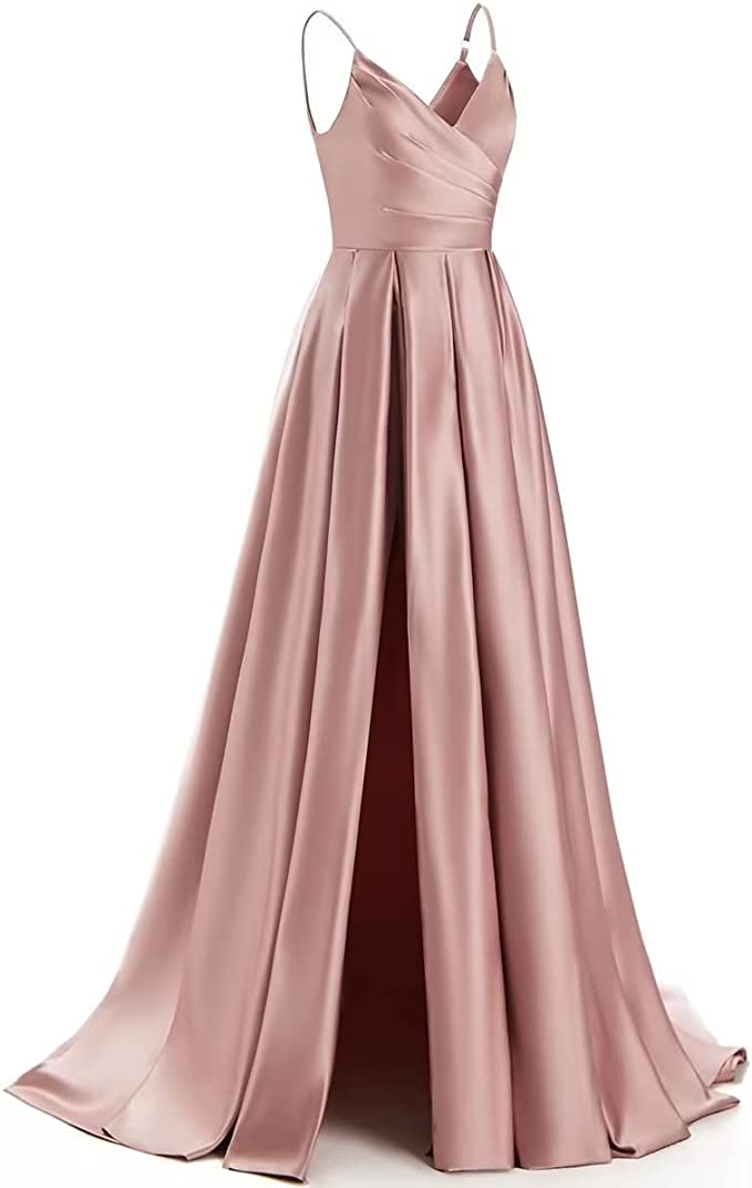 A-line Prom Dress 2023 Spaghetti Straps V Neck V Back Satin with Pleats Slit