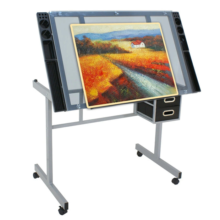 Adjustable Drafting Table on Wheels Glass Tabletop Drawing Desk with Storage Drawer
