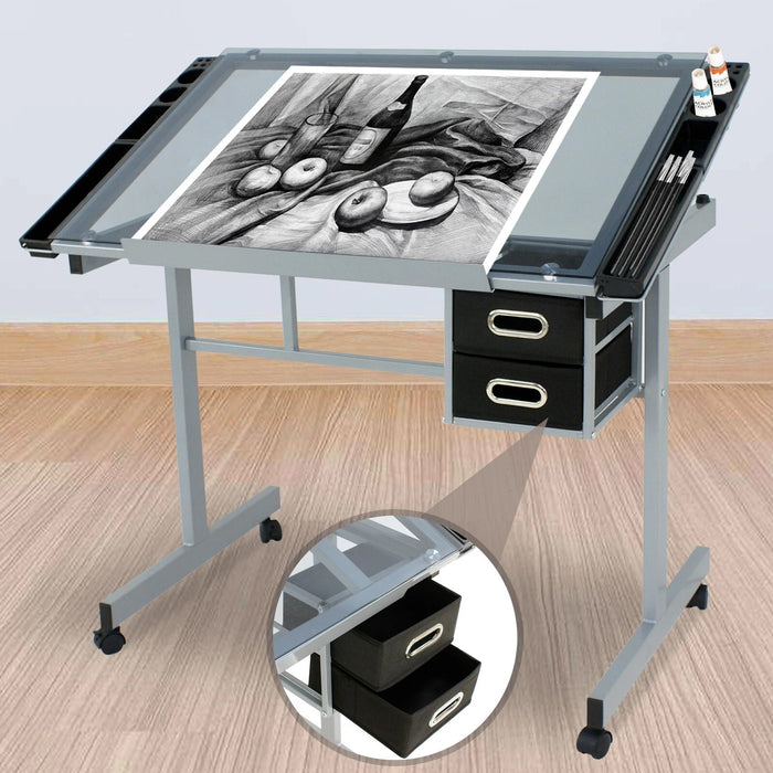 Adjustable Drafting Table on Wheels Glass Tabletop Drawing Desk with Storage Drawer