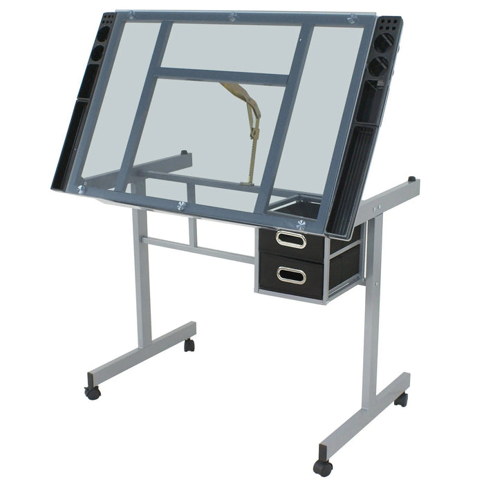 Adjustable Drafting Table on Wheels Glass Tabletop Drawing Desk with Storage Drawer
