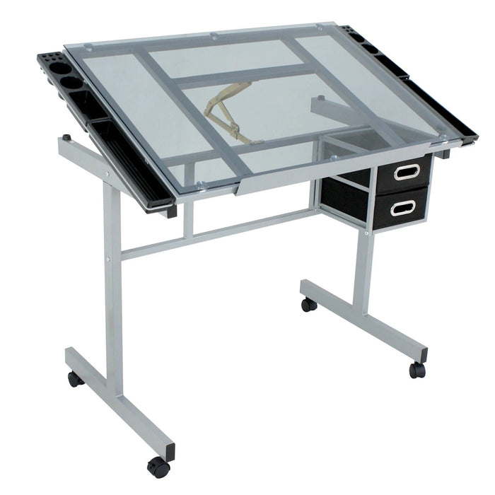 Adjustable Drafting Table on Wheels Glass Tabletop Drawing Desk with Storage Drawer