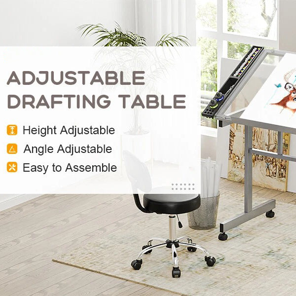 Adjustable Drafting Table on Wheels Glass Tabletop Drawing Desk with Storage Drawer