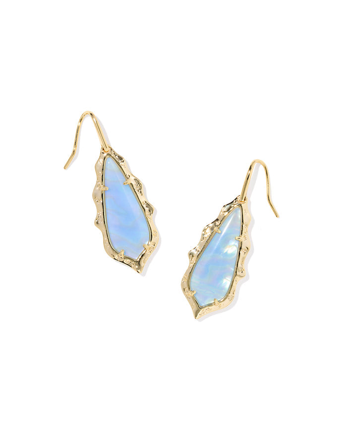Adriana Scallop Frame Gold Drop Earrings Sky Blue Iridescent Abalone