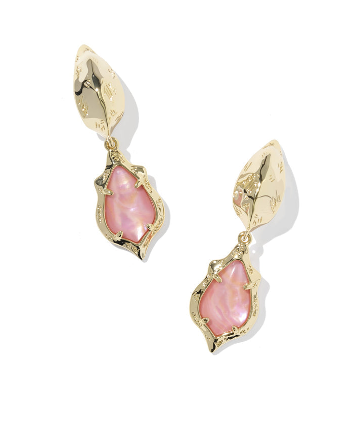 Adriana Scallop Frame Gold Huggie Earrings Light Pink Iridescent Abalone