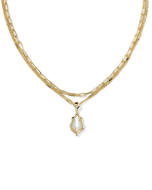 Adriana Scallop Frame Gold Multi Strand Necklace Mother of Pearl