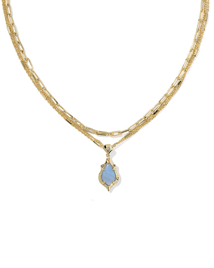 Adriana Scallop Frame Gold Multi Strand Necklace Sky Blue Iridescent Abalone
