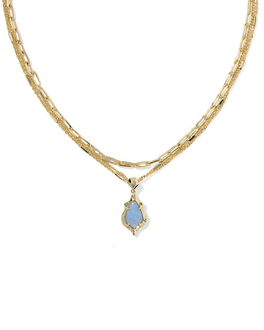 Adriana Scallop Frame Gold Multi Strand Necklace Sky Blue Iridescent Abalone