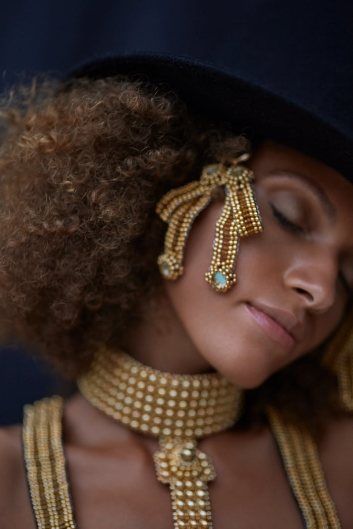 beaded modular add on bow in polymer metal beads with 22k gold wash by oject and dawn
