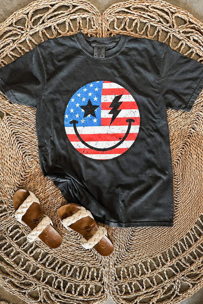 American Flag Happy Face Graphic Tee - Pepper