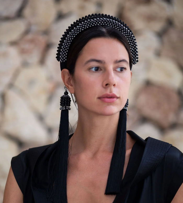 beaded modular headband in jetblack by object and dawn with 11inches tassels