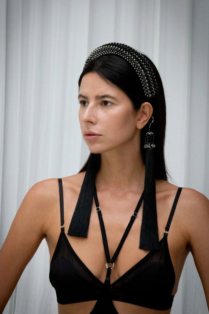 handrafted beaded modular headband in jetblack by object and dawn with 11inches tassels diagonal