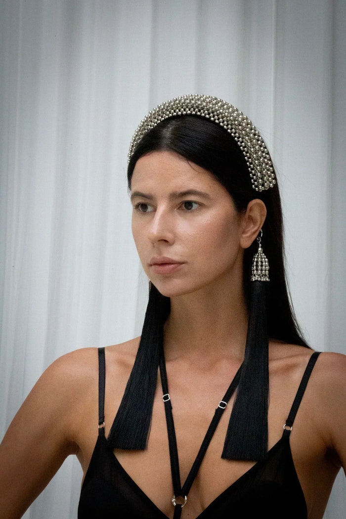 Object & Dawn Beaded Anais Modular Headband in silver wear by woman in grey back ground