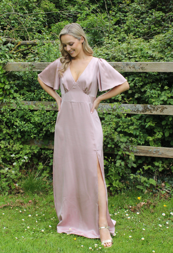 Angel Sleeve Satin Maxi Dress