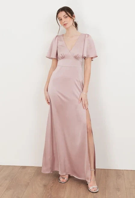 Angel Sleeve Satin Maxi Dress