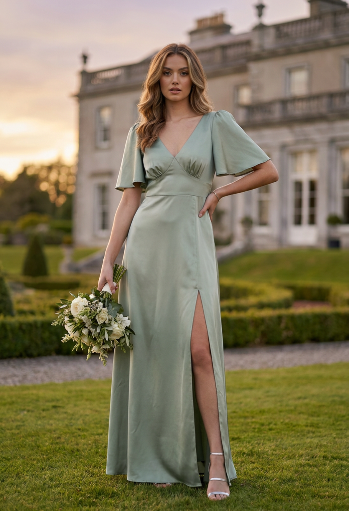 Angel Sleeve Satin Maxi Dress