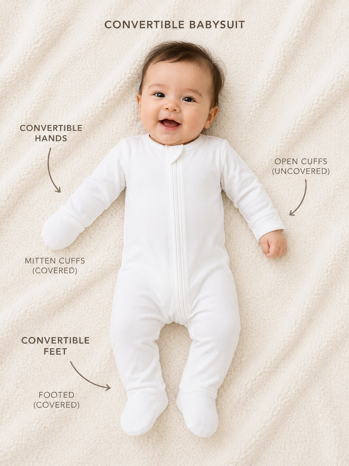 Baby wearing a white convertible babysuit on a beige blanket with feature labels.