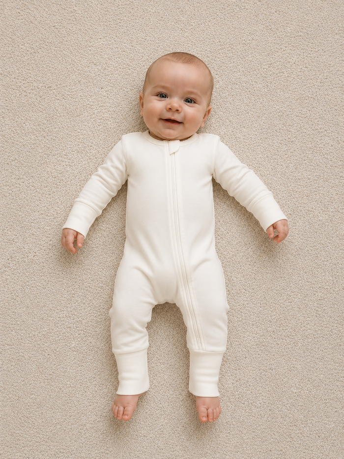 Baby wearing a white onesie lying on a beige carpet