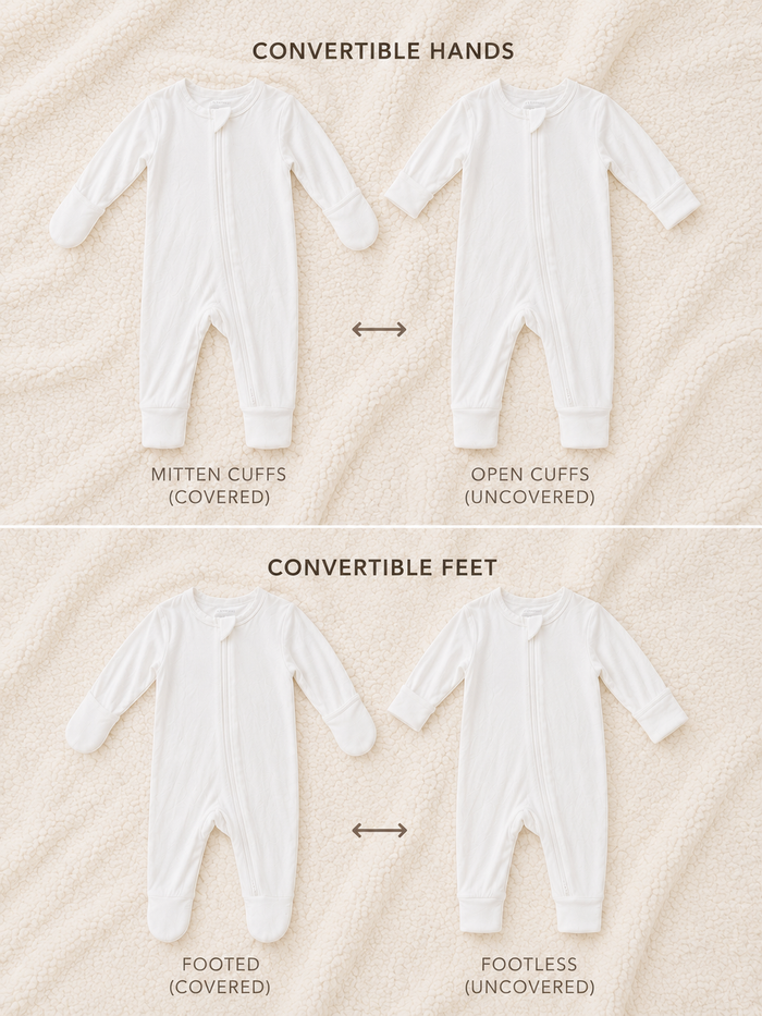 Baby onesie with convertible hands and feet on a beige background