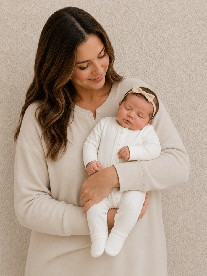Woman holding a newborn baby against a beige background