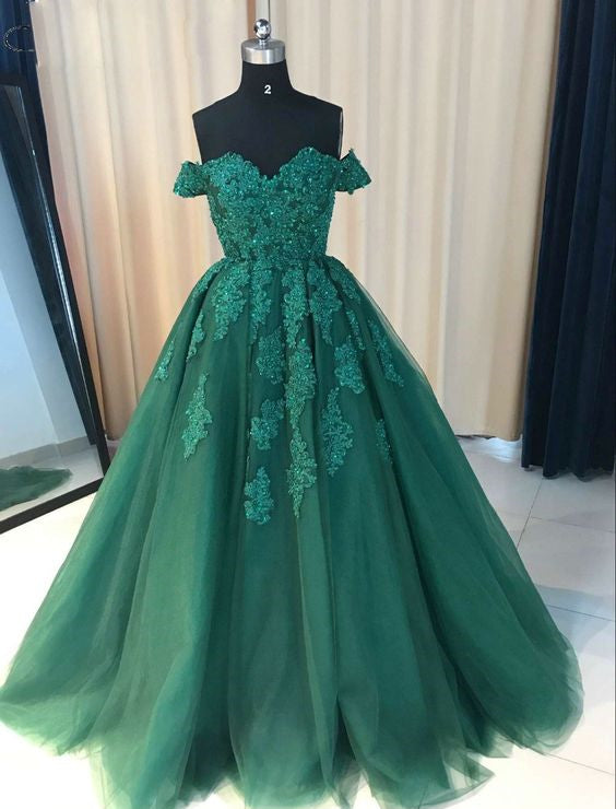Ball Gown Green Prom Dress 2022 Off-shoulder V-Neck Tulle Lace Appliques