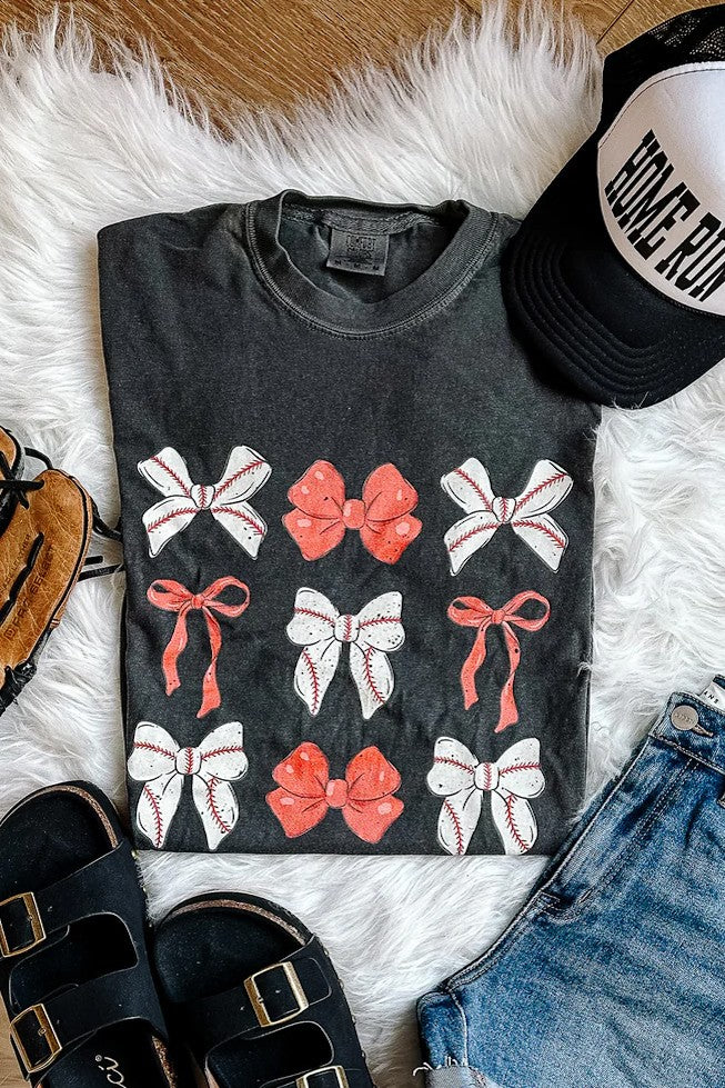 Baseball & Bows Graphic Tee - Pepper