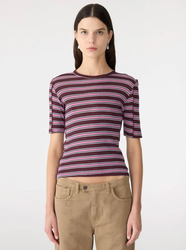Bassike Retro Rib Stripe Mid Sleeve Top - Burgundy/White/Forest/Pink