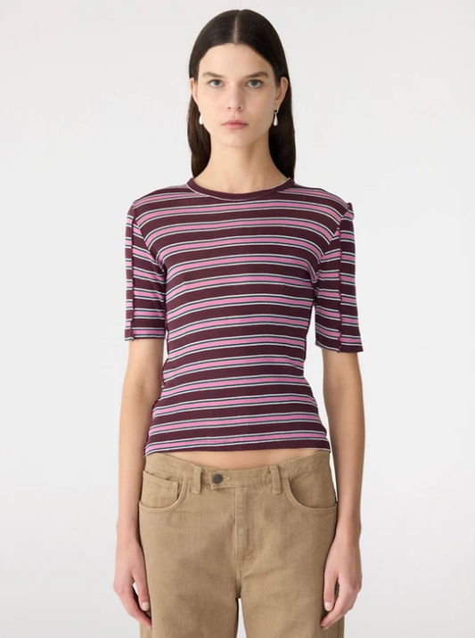 Bassike Retro Rib Stripe Mid Sleeve Top - Burgundy/White/Forest/Pink