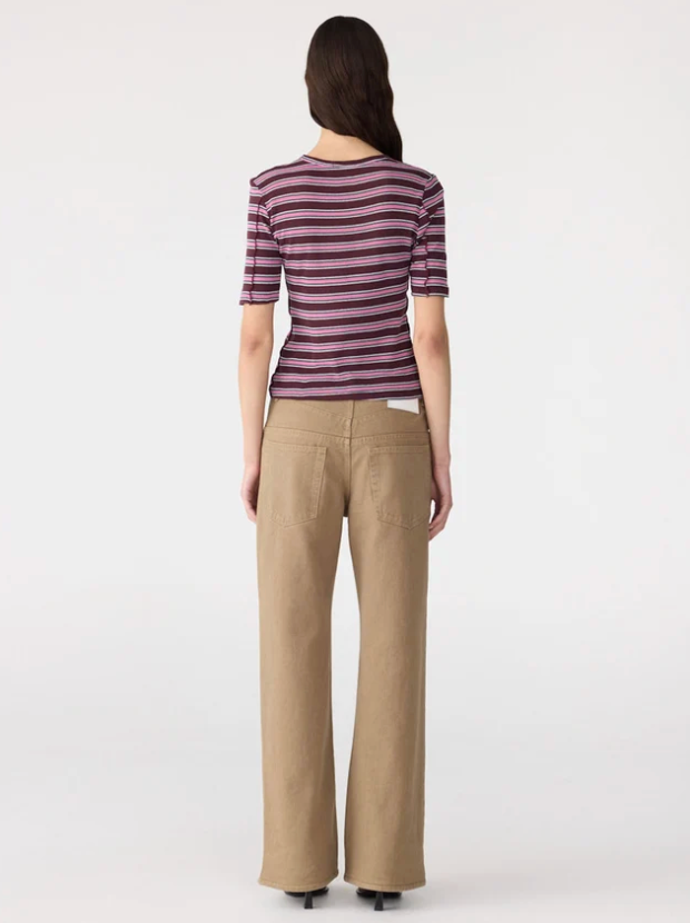 Bassike Retro Rib Stripe Mid Sleeve Top - Burgundy/White/Forest/Pink