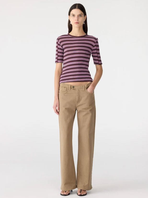 Bassike Retro Rib Stripe Mid Sleeve Top - Burgundy/White/Forest/Pink